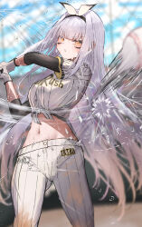 1girl absurdres baseball baseball_bat baseball_uniform blanc_(nikke) breasts facial_mark gloves goddess_of_victory:_nikke hairband highres holding holding_baseball_bat iwazaki long_hair midriff navel solo sportswear sweat very_long_hair white_gloves white_hair yellow_eyes