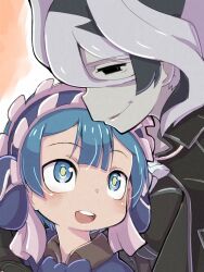 1boy 1girl :d age_difference black_cape black_eyes black_hair black_jacket blue_bow blue_bowtie blue_eyes blue_hair blush bow bowtie bright_pupils cape child hair_between_eyes hairband half-closed_eyes highres hug jacket looking_at_another looking_up made_in_abyss maid maid_headdress maruruk multicolored_hair open_mouth ozen pale_skin parted_lips pouch profile short_hair smile teeth trap two-tone_hair whistle white_hair ximu_shilang yellow_pupils