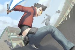 4boys absurdres beam_katana black_footwear black_hair black_shirt blue_sky building cloud cloudy_sky decapitation denim energy_sword fanny_pack highres holding holding_weapon jacket jeans long_sleeves looking_at_viewer looking_back male_focus multiple_boys no_more_heroes pants parking_lot red_jacket shirt sky smile snagback sunglasses sword travis_touchdown weapon