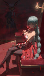 1girl absurdres bandaged_arm bandages bare_shoulders black_pantyhose braid closed_mouth commentary crossed_legs dress earrings english_commentary flower from_side grey_hair highres holding holding_flower jewelry long_hair looking_at_viewer low_twin_braids pantyhose phrolova_(wuthering_waves) red_dress red_pupils red_sleeves revision sidelocks single_sleeve sitting sitting_on_throne smile solo spider_lily tacet_discord_(wuthering_waves) throne toroe02 twin_braids very_long_hair white_eyes wuthering_waves