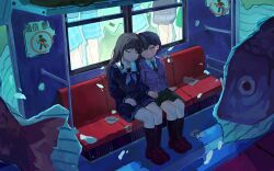 250ofk 5girls bang_dream! bang_dream!_it&#039;s_mygo!!!!! black_socks blue_shirt blue_skirt brown_shoes closed_eyes closed_mouth collared_shirt crychic_(bang_dream!) fish green_necktie green_skirt grey_jacket grey_neckerchief haneoka_school_uniform heads_together highres holding_hands interlocked_fingers jacket multiple_girls nagasaki_soyo neckerchief necktie plaid_clothes plaid_skirt poster_(object) school_uniform shiina_taki shirt shoes skirt socks surreal takamatsu_tomori togawa_sakiko train_interior tsukinomori_school_uniform underwater wakaba_mutsumi white_shirt yuri