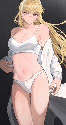 1girl black_background blonde_hair blunt_bangs breasts cleavage collarbone earrings hairband highres jacket jewelry jourd4n large_breasts long_hair long_sleeves navel off_shoulder open_clothes open_jacket original parted_lips pink_eyes pink_nails simple_background solo swimsuit white_hairband white_jacket