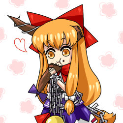 1girl 2118 bad_food blonde_hair bow chain eating female_focus food food_on_face hair_bow heart horns ibuki_suika long_hair low-tied_long_hair matching_hair/eyes orange_eyes orange_hair orb pyramid_(structure) rice rice_on_face simple_background solo tetrahedron touhou very_long_hair yellow_eyes
