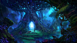 1boy chinnkun dog fantasy flower glowing jungle landscape light_particles magic monkey nature original painterly plant portal_(object) tree vines