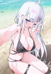 1girl absurdres ahoge aqua_hair beach bikini black_bikini blush breasts cleavage commission day ember_amane gurumie hair_ornament heart highres kneeling large_breasts long_hair mole mole_on_breast mole_on_thigh mole_under_eye multicolored_hair multiple_moles navel ocean open_mouth outdoors phase_connect pink_hair pink_nails purple_eyes sand second-party_source shadow smile solo streaked_hair swimsuit thigh_strap virtual_youtuber water white_hair