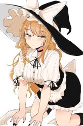 1girl :/ alternate_eye_color apron bent_over black_choker black_footwear black_nails black_ribbon black_skirt black_socks blonde_hair blush bow braid breasts choker commentary_request constricted_pupils frilled_apron frilled_skirt frills green_eyes hair_bow hat hat_bow highres kirisame_marisa legs long_hair looking_to_the_side medium_breasts neck_ribbon necro_(nekurodayo) puffy_short_sleeves puffy_sleeves ribbon shirt short_sleeves sidelocks simple_background single_braid skirt socks solo touhou waist_apron white_apron white_background white_bow white_shirt witch_hat