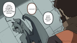 1boy 1girl anger_vein armor artist_name beard brown_hair closed_eyes colored_sclera colored_skin commentary demon_girl demon_horns demon_wings dress english_commentary english_text facial_hair fang gargoyle gomulgong grey_eyes grey_hair grey_sclera grey_skin highres horns leather_armor long_hair looking_at_another monster_girl original pointy_ears skin_fang speech_bubble strapless strapless_dress trembling twitter_username v-shaped_eyebrows white_dress wings