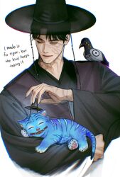 Rule 34 | 1boy, 2others, animal, animal on shoulder, bird, black hair, black hanbok, closed mouth, delta (shapeof wave), derpy (kpop demon hunters), english text, facial tattoo, gat (hat), gatkkeun, hanbok, hat, highres, holding, holding animal, jinu (kpop demon hunters), korean clothes, kpop demon hunters, looking at another, multiple others, parted bangs, short hair, simple background, sussie (kpop demon hunters), tattoo, tiger, upper body, white background, yellow eyes