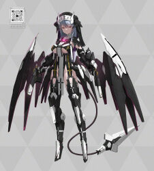 1girl blue_hair breasts demon_girl gun handgun highres long_hair mecha mecha_musume medium_breasts nun original red_eyes robot robot_girl tail tom-neko_(zamudo_akiyuki) underboob weapon wings