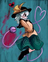 Rule 34 | 1girl, black boots, black eyes, black hat, blood, blood splatter, bloody knife, bloody tears, boots, eyeball, floral print, flying sweatdrops, frilled shirt collar, frilled sleeves, frills, green hair, green skirt, hat, hat ribbon, heart, heart of string, heripantomorrow, knife, komeiji koishi, ribbon, rose print, shirt, skirt, third eye, touhou, yellow ribbon, yellow shirt