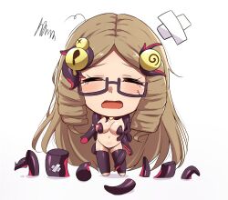 @_@ bikini bikini_bottom_only breasts brown_hair challengia chibi crying defeat drill_hair glasses highres large_breasts long_hair mistynight monster_girl nchans nchans_style purple_bikini revealing_clothes simple_background swimsuit tears tentacles vyschan white_background x_x