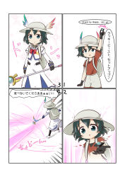 Rule 34 | 10s, 1girl, bad id, bad pixiv id, beam, black gloves, black hair, bow, bucket hat, gloves, hair between eyes, hat, hat feather, highres, jacket, kaban (kemono friends), kemono friends, lucky beast (kemono friends), lyrical nanoha, magic circle, magical girl, pantyhose, raising heart, red shirt, shirt, short hair, shorts, staff, takamachi nanoha, translation request, tsukishiro aishi, wavy hair, white devil