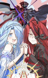 1boy 3girls armor bare_shoulders blush breasts dress fate/grand_order fate_(series) highres irisviel_von_einzbern irisviel_von_einzbern_(caster) kankan33333 long_hair long_sleeves looking_at_viewer multiple_girls open_mouth small_breasts smile typhon_ephemeros_(fate) typhon_epsilon_(fate)