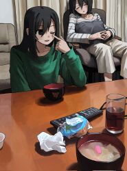 2girls black_eyes black_hair bowl chair controller cup drink drinking_glass finger_to_eye food green_shirt hair_between_eyes highres indoors long_sleeves multiple_girls obon_(ensoku_300en) one_eye_closed open_mouth original pants pillow remote_control shirt sleeping striped_clothes striped_shirt table used_tissue white_pants