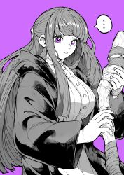 1girl absurdres blunt_bangs breasts buttons cowboy_shot dress fern_(sousou_no_frieren) highres holding holding_staff hood hood_down hooded_robe large_breasts long_hair mage_staff purple_background purple_eyes robe sidelocks simple_background solo sousou_no_frieren speech_bubble staff white_dress yotsumi_shiro