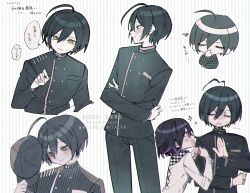 Rule 34 | 2boys, ahoge, black hair, black jacket, blush, brown eyes, buttons, checkered clothes, checkered scarf, chibi, collared jacket, commentary request, crossed arms, danganronpa (series), danganronpa v3: killing harmony, double-breasted, eyelashes, flipped hair, hair between eyes, height difference, highres, jacket, long sleeves, male focus, masyu bimitalya, multiple boys, muted color, oma kokichi, open mouth, pants, partial commentary, purple eyes, purple hair, saihara shuichi, scarf, self hug, short hair, simple background, smile, solo focus, sparkle, speech bubble, striped clothes, striped jacket, striped pants, translation request, two-tone scarf, vertical-striped sleeves, watermark, yaoi