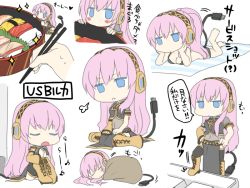 1girl aqua_eyes bento bikini black_bikini black_thighhighs blue_eyes blush_stickers boots chibi closed_eyes high_ponytail knee_boots lace-up_boots long_hair lying megurine_luka mini_person minigirl multiple_views oharu on_stomach own_hands_together pelvic_curtain pink_hair ponytail see-through_clothes simple_background sitting sleeping sparkle standing standing_on_one_leg swimsuit tail thighhighs translated usb vocaloid white_background