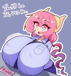 1girl apron between_breasts blue_background blue_shirt blush breast_rest breasts breasts_on_table collared_shirt curled_horns horns huge_breasts ilulu_(maidragon) kobayashi-san_chi_no_maidragon masked_agent open_mouth outline pink_eyes pink_hair purple_hair shirt simple_background solo standing twintails upper_body white_outline