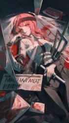 1girl absurdres black_necktie black_pants braid braided_ponytail breasts chainsaw_man collared_shirt formal_clothes highres long_coat long_hair long_sleeves looking_at_viewer maccha_(mochancc) makima_(chainsaw_man) medium_breasts necktie office_lady pants plastic_wrap red_hair ringed_eyes shirt sliced_meat smile solo suit white_shirt yellow_eyes