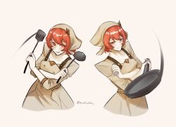 2girls apron artist_name cropped_torso frying_pan holding holding_frying_pan holding_ladle holding_spatula ladle looking_at_viewer multiple_girls parted_lips quietmithos red_eyes red_hair short_hair siblings simple_background smile spatula twins tyrion_cuthbert:_attorney_of_the_arcane valentina_ianus valerie_ianus white_background
