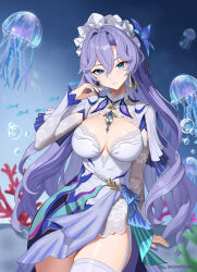 1girl absurdres blue_eyes blue_flower breasts bubble cantarella_(wuthering_waves) closed_mouth commentary_request dress earrings facial_mark flower hair_between_eyes hair_flower hair_ornament headdress highres jellyfish jewelry korean_commentary large_breasts long_hair looking_at_viewer mark_under_eye mole mole_under_eye nail_polish purple_nails shrug_(clothing) single_thighhigh sitting smile solo thighhighs thighs very_long_hair white_dress white_shrug white_thighhighs wonprime wuthering_waves