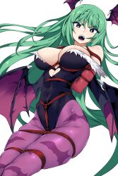 1girl absurdres animal_print areola_slip arms_behind_back bare_shoulders bat_print bat_wings bdsm bondage bound breasts bright_pupils clothing_cutout commentary_request covered_navel cutout_above_navel darkstalkers demon_girl fur-trimmed_leotard fur_trim glaring green_eyes head_wings heart_cutout highleg highleg_leotard highres kinbakuman large_breasts leotard long_hair looking_at_viewer morrigan_aensland nipples open_mouth pantyhose parted_lips print_pantyhose purple_wings red_rope rope shibari shibari_over_clothes simple_background skindentation solo white_background white_mouth white_pupils wings