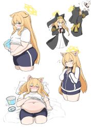 1girl animal_ear_fluff animal_ear_hood animal_ears back_bow before_and_after belly black_dress blonde_hair blue_archive blue_eyes blue_shorts blush bow breasts closed_eyes clothes_lift coif cup disposable_cup dress drinking drinking_straw drinking_straw_in_mouth eating fake_animal_ears fat fat_woman flower flower_on_head food from_side gym_shirt gym_shorts gym_uniform halo hand_on_own_cheek hand_on_own_face highres holding holding_spoon hood ice_cream long_hair lying mari_(blue_archive) mari_(track)_(blue_archive) midriff multiple_views nun on_back pillow plump shirt shirt_lift shorts sleeping small_breasts spoon standing sweat t-shirt tight_clothes undersized_clothes wawawaltz weight_gain white_background white_shirt