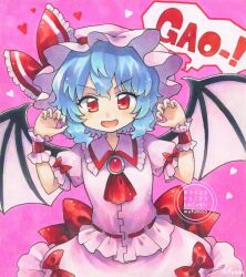 1girl artist_name ascot back_bow bat_wings blue_hair bow bow_skirt brooch claw_pose collared_shirt commentary_request dated english_text fangs frilled_shirt_collar frills hat hat_bow heart jewelry looking_at_viewer maa_(forsythia1729) mob_cap open_mouth pink_background pink_hat pink_shirt pink_skirt puffy_short_sleeves puffy_sleeves red_ascot red_bow red_brooch red_eyes remilia_scarlet shirt short_sleeves skirt sleeve_bow smile solo touhou traditional_media twitter_username watermark wings wrist_cuffs