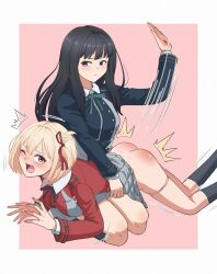 2girls black_hair blonde_hair clothes_lift crying hair_ribbon hand_up highres holding_another&#039;s_waist inoue_takina kneehighs long_hair lycoris_recoil lycoris_uniform multiple_girls nishikigi_chisato over_the_knee panties panty_pull pinkiri punishment purple_eyes red_eyes red_ribbon ribbon seiza short_hair sitting skirt skirt_lift socks spanked spanking underwear