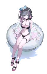 1girl abigail_(black_survival) absurdres bare_shoulders bikini black_bikini black_choker black_hair black_survival breasts choker cleavage colored_inner_hair eternal_return:_black_survival expressionless full_body green_eyes hair_ribbon highres innertube jacket layered_bikini long_hair looking_at_viewer medium_breasts multi-strapped_bikini_bottom multicolored_hair navel off_shoulder official_alternate_costume okchun one_side_up pink_bikini purple_hair ribbon sandals simple_background sketch solo stomach streaked_hair string_bikini swim_ring swimsuit thigh_strap thighs two-tone_hair white_background white_jacket