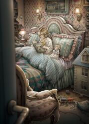 1girl absurdres bed bedroom blonde_hair blurry blurry_foreground book chair child comforter doll doll_house door door_handle headboard highres holding holding_book key kobone_awaki lamp nightgown original photo_(object) picture_book pillow rug sitting smile solo stuffed_animal stuffed_toy teddy_bear toy toy_block toy_train wall_lamp wallpaper_(object) wooden_floor