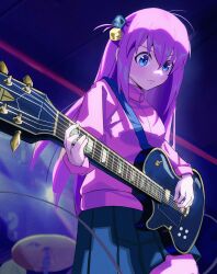 1girl black_skirt blue_eyes bocchi_the_rock! commentary cowboy_shot cube_hair_ornament cymbals electric_guitar english_commentary gibson_les_paul gotoh_hitori guitar hair_between_eyes hair_ornament highres holding holding_instrument indoors instrument jacket long_hair long_sleeves looking_down music one_side_up parted_lips pink_hair pink_jacket pink_track_suit playing_guitar playing_instrument pleated_skirt senji_(kurisusen1) skirt solo stage track_jacket track_suit