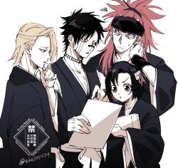 1girl 3boys abarai_renji asymmetrical_hair bad_tag bare_shoulders black_hair black_headband black_kimono black_ribbon bleach blonde_hair bob_cut book brown_eyes choker claw_mark collarbone facial_mark forehead_mark frown hair_ornament hair_over_shoulder hair_ribbon hand_on_own_chin hand_on_own_neck headband high_ponytail hinamori_momo hisagi_shuuhei holding holding_book holding_paper hugging_book hugging_object japanese_clothes kimono kira_izuru long_hair looking_at_object messy_hair multiple_boys outline paper parted_lips ponytail red_hair ribbon scar scar_across_eye scar_on_face shihakusho short_hair signature simple_background spiked_hair sweat sweatdrop waistband white_background white_choker white_outline wide_sleeves wristband