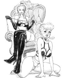Rule 34 | 2girls, absurdres, bangle, bdsm, black lips, body chain, bra, bracelet, breasts, chain, collar, earrings, estrid (one piece), femdom, freckles, gloves, greyscale, harness, high heels, high ponytail, highres, holding, holding leash, ida (one piece), jewelry, kneeling, large breasts, latex, leash, leather, lipstick, long hair, makeup, medium breasts, monochrome, multiple girls, parted lips, ponytail, reshaflame, see-through clothes, sitting, slave, thick lips, thighhighs, throne, underwear