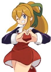 Rule 34 | 1girl, ;d, blue eyes, bow, dress, green bow, hair bow, heart, heart hands, highres, long hair, long sleeves, looking at viewer, mega man (classic), mega man (series), one eye closed, open mouth, ponytail, red dress, roll (mega man), smile, solo, teeth, tikuwabu 33, white background
