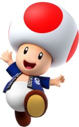 1boy 2020_summer_olympics 3d :i arms_up black_eyes blue_happi brown_shoes full_body happi happy japanese_clothes jumping kimono leg_up looking_at_viewer male_focus mario_&amp;_sonic_(series) mario_&amp;_sonic_at_the_tokyo_2020_olympic_games mario_(series) nintendo official_art olympic_rings olympics open_clothes open_kimono open_mouth outstretched_arms pants shoes short_sleeves simple_background smile solo third-party_source toad_(mario) tongue transparent_background white_pants
