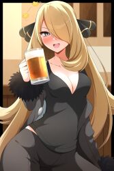 1girl absurdres alcohol beer beer_mug black_pants black_shirt blonde_hair blush breasts cleavage coat creatures_(company) cup cynthia_(pokemon) fur_trim game_freak grey_eyes hair_ornament hair_over_one_eye highres holding holding_cup jacket large_breasts long_hair long_sleeves looking_at_viewer mug nintendo open_clothes open_jacket open_mouth pants pokemon pokemon_dppt shabana_may shirt smile solo very_long_hair