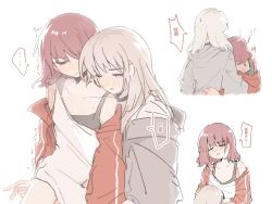 2girls achadtea after_fingering black_bra blush bra breasts chinese_commentary chinese_text cleavage closed_eyes closed_mouth commentary_request girls_band_cry grey_hair grey_hoodie hood hood_down hoodie iseri_nina jacket kawaragi_momoka long_hair multiple_girls open_clothes open_jacket open_mouth pussy_juice pussy_juice_on_fingers red_jacket shirt small_breasts translation_request underwear white_shirt yuri