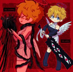 1girl angel angel_wings blonde_hair blue_eyes commentary dress english_commentary english_text feathered_wings feathers halo heart_(organ) highres holding holding_weapon intestines looking_at_viewer low_wings melting_halo multiple_views original pigeon-toed red_background red_halo satanmanse short_hair sweater sweater_dress turtleneck turtleneck_dress weapon white_feathers wings