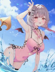 Rule 34 | absurdres, arm up, black collar, blush, bracelet, braid, breasts, cleavage, collar, demon girl, demon horns, demon tail, demon wings, detached wings, frilled one-piece swimsuit, frills, gradient hair, grey hair, highleg, highleg one-piece swimsuit, highres, horns, indie virtual youtuber, jewelry, large breasts, low twin braids, multicolored hair, one-piece swimsuit, orange eyes, pink hair, pink one-piece swimsuit, smile, splashing, suou patra, swimsuit, tail, tt chicca, twin braids, wings