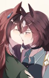 2girls animal_ears black_choker blush brown_hair choker closed_eyes collared_shirt commentary_request ear_ornament green_jacket green_shirt highres horse_ears horse_girl jacket jeom_(umaumauma1042) kiss korean_commentary long_hair multiple_girls pendant_choker red_eyes shirt sirius_symboli_(umamusume) symboli_rudolf_(umamusume) umamusume upper_body yuri