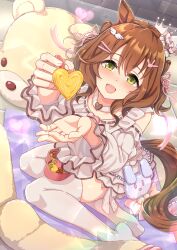 1girl absurdres animal_ears aston_machan_(everlasting_candy)_(umamusume) aston_machan_(umamusume) blush brown_hair crown dress ear_covers food heart heart-shaped_food highres holding_utensil horse_ears horse_tail looking_at_viewer medium_hair mini_crown no_shoes omelet single_ear_cover sitting smile tail tamagoyaki thighhighs thighs umamusume valentine wavy_hair white_dress white_thighhighs yellow_eyes zenrakishi