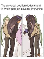 3girls ahoge brown_footwear caption commentary earrings english_text geeta_(pokemon) gloves green_hair hand_on_another&#039;s_hip holding jewelry long_hair long_sleeves meltsmelts meme miriam_(pokemon) multiple_girls nintendo pants pokemon pokemon_sv ponytail purple_hair rika_(pokemon) shirt shoes standing