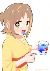 1girl :d artist_name blue_tongue brown_hair colored_inner_hair colored_tongue commentary diamond-shaped_pupils diamond_(shape) fang food green_eyes happyundergate highres holding holding_spoon japanese_clothes kimono light_blush long_sleeves multicolored_hair obi oka_asahi onii-chan_wa_oshimai! open_mouth orange_hair sash shaved_ice short_hair simple_background smile solo spoon symbol-shaped_pupils tongue tongue_out twitter_username two-tone_hair two_side_up white_background wide_sleeves yellow_kimono yukata