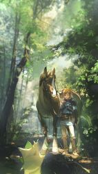 1boy animal armor belt blonde_hair blue_eyes blue_tunic boots brown_belt brown_boots dot_nose forest gloves highres holding holding_reins horse iuew korok leaf leather_armor link looking_at_another male_focus nature nintendo outdoors pants pauldrons plant pointy_ears reins shoulder_armor single_pauldron solo standing the_legend_of_zelda the_legend_of_zelda:_breath_of_the_wild tree tunic white_pants