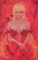 1girl absurdres bare_shoulders blonde_hair breasts bug butterfly cleavage collarbone dress elbow_gloves feather-trimmed_dress feather-trimmed_gloves feather_trim frilled_dress frills gloves hair_ribbon highres insect kiss-shot_acerola-orion_heart-under-blade kizumonogatari kokorowatari large_breasts long_hair looking_at_viewer monogatari_(series) oshino_shinobu pointy_ears red_dress ribbon ricman_rt smile solo strapless strapless_dress vampire very_long_hair white_gloves yellow_eyes