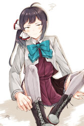 1girl blue_bow blue_bowtie blush boots bow bowtie closed_mouth commentary_request dress fujinami_(kancolle) fujinami_kai_ni_(kancolle) grey_jacket grey_thighhighs hair_ribbon highres jacket kantai_collection lace-up_boots long_sleeves looking_at_viewer miroku_san-ju orange_eyes purple_dress purple_hair ribbon side_ponytail simple_background sitting solo squiggle sweat thighhighs white_background