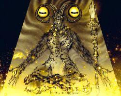 Rule 34 | body piercings, deadpool yuchan, disembodied eye, elden ring, elden ring nightreign, extra eyes, facing viewer, goat horns, goat legs, highres, horizontal pupils, horns, libra (elden ring), looking at viewer, mage staff, meditation, monster, monster focus, signature, very big eyes, yellow theme