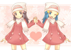 Rule 34 | 00s, 2girls, alternate costume, beanie, blue eyes, blue hair, cubexcube, dawn (pokemon), dual persona, hat, heart, holding hands, multiple girls, multiple persona, nintendo, one eye closed, pokemon, pokemon adventures, pokemon dppt, scarf, wink, winter clothes