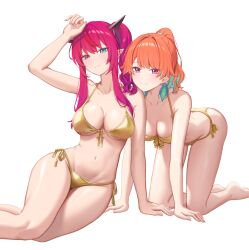 +_+ 2girls all_fours aqua_eyes arm_up bare_shoulders belly bikini black_horns blush breasts closed_mouth collarbone commentary earrings feather_earrings feathers fingernails front-tie_bikini_top front-tie_top green_feathers green_hair heterochromia highres hololive hololive_english horns irys_(hololive) jewelry large_breasts long_hair looking_at_viewer multicolored_hair multiple_girls nail_polish navel orange_hair pink_eyes pink_hair pink_nails pointy_ears ponytail red_horns resu_desu side-tie_bikini_bottom simple_background smile stomach streaked_hair swimsuit takanashi_kiara thighs two-tone_hair virtual_youtuber white_background yellow_bikini